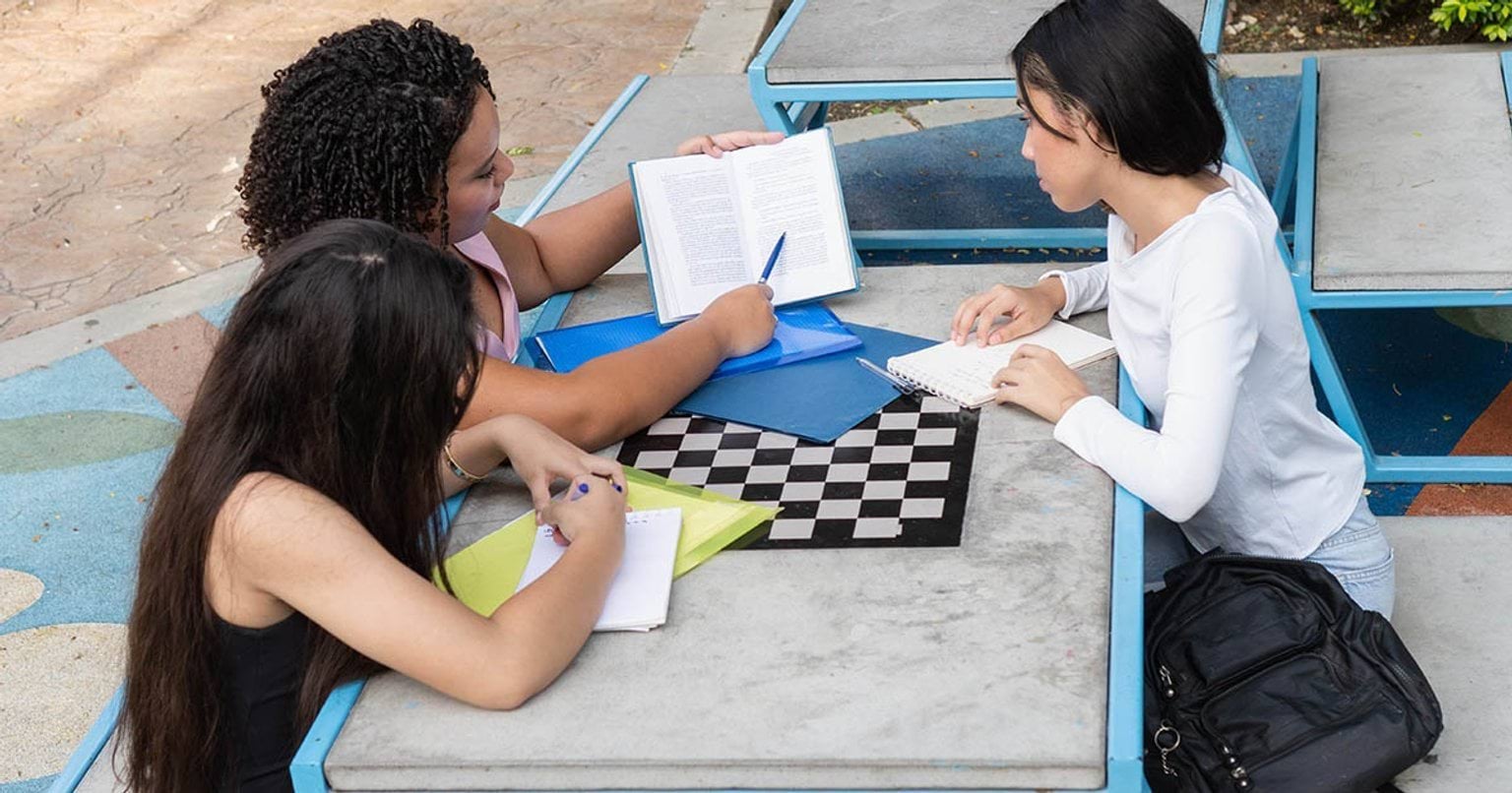 Senior school students collaborating on school work